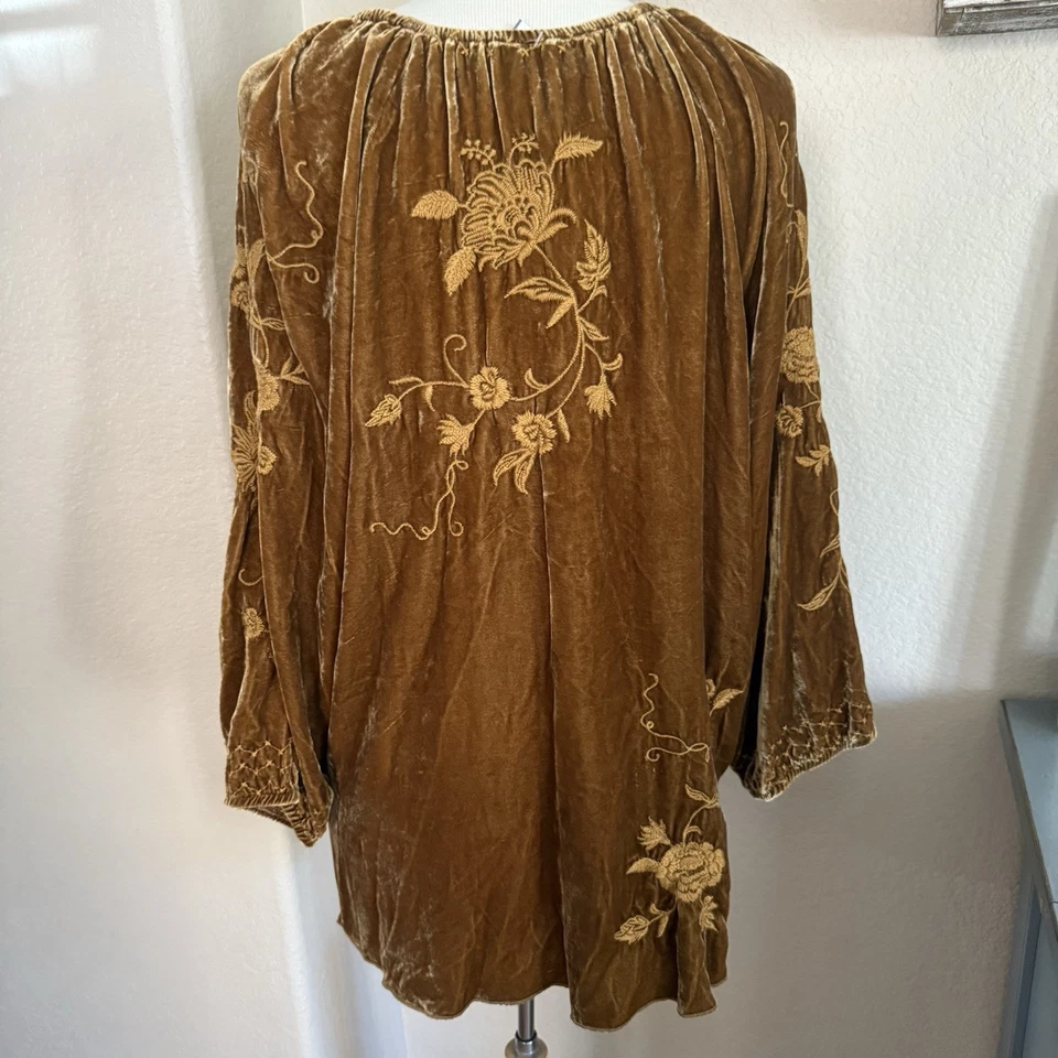 Johnny Was L Golden Brown Velvet Peasant Blouse Tunic Top Shirt Tassels BOHO - Image 4 of 4