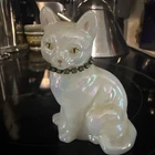 FENTON Iridescent Pearl Wh Cat Figurine May Rhinestone Collar Signed T Deuley