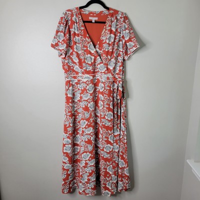 Chelsea 28 XL Orange Flower Print Short Sleeve Faux Wrap Maxi Dress