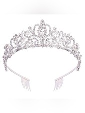 Silver Crystal Tiara Crown - Elegant Rhinestone Headpiece EUC
