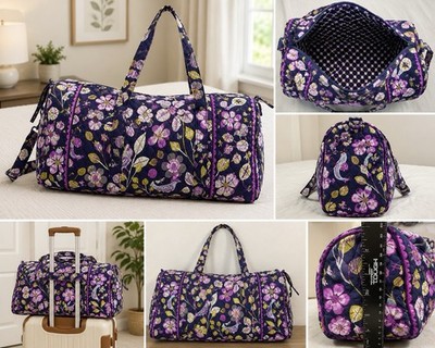 Vera Bradley Large Quilted Duffel Travel Bag Floral Purple Overnight Weekender