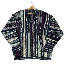 VTG Tosani Sweater Coogi Style V-Neck 3D Cotton Knit 90s Colorful Biggie 2XL