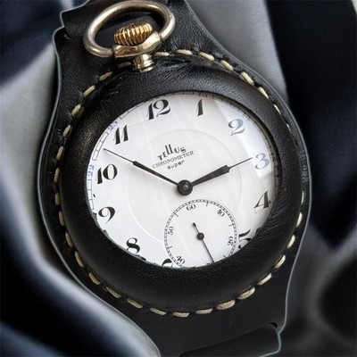 Antique Теllus Pocket Watch Mechanical Chronometer Leather Strap Super Swiss Old