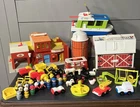 Large Vtg Lot Of Fisher Price People Village Barn & Silo Boat W/Box Animals ++