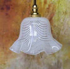 Antique Nailsea Glass Fluted Shade, White "Latticino", Rewired to Pendant Lamp