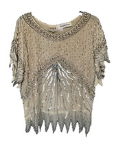 Vintage Swee Lo 100 Silk Beaded Beige/Tan Sequin Top Zig Zag Hemline Size L