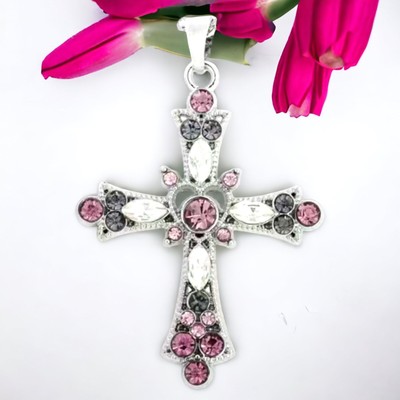 Pink Clear Stones Cross 24  Sterling Silver Snake Chain Fashion* Necklace Gift