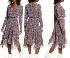 Charles Henry Dress Micro Ditsy Floral Handkerchief Hem Long Sleeve Small