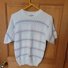Vintage Cuddle Knit Sweater White Knit Size Medium Short Sleeve 80's