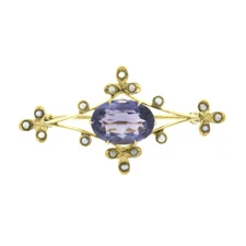 Vintage Victorian Revival Yellow Gold Oval Amethyst & Seed Pearl Pin Brooch