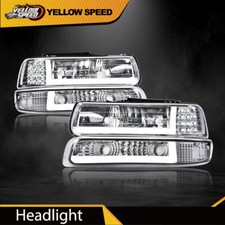 LED DRL Chrome Headlights+bumper Lamps Fit For 99-02 Chevy Silverado 00-06 Tahoe