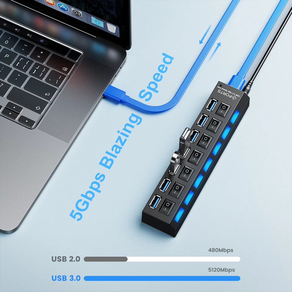 USB 3.0 Hub 7 Port On/Off Switch High Speed Splitter AC Adapter Cable PC Laptop - Image 3 of 4