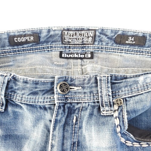 Affliction Jeans Mens 34x31 Blue Cooper Relaxed Boot Patch Insert Back Pockets - Picture 9 of 11