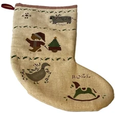 Christmas Stocking Primitive Style Printed Muslin Fabric Fully Lined