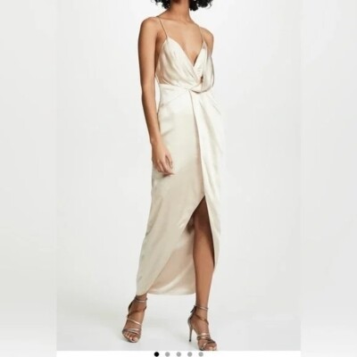 NWT Fame Partners Womens Champagne V-neck Midi Dress Slit 10 Gold Satin Cocktail