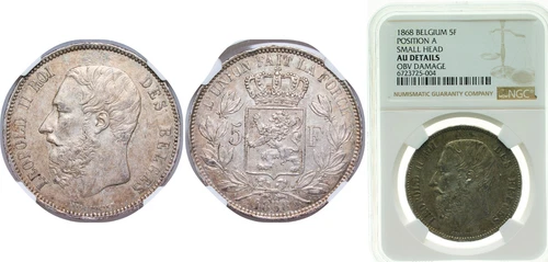 Belgium 1868 5 Francs Silver 900 NGC AU