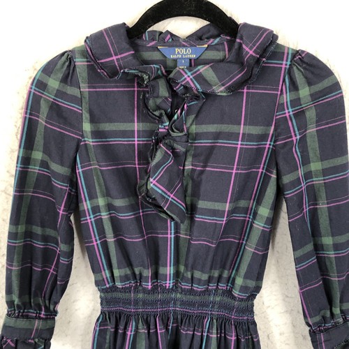 Polo Ralph Lauren Dress Girls 7 Navy Blue Plaid Ruffle Collar Drop Waist Preppy - Picture 2 of 17
