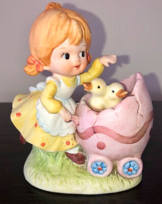 Vintage Lefton China, Girl with Chicks in Egg Stroller Figurine, #2265