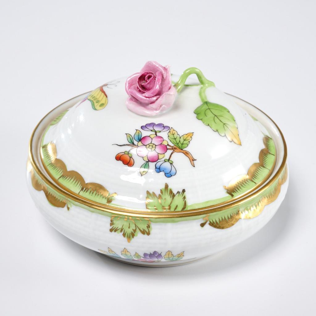 Herend Queen Victoria Green Border Porcelain Lidded Trinket Box l