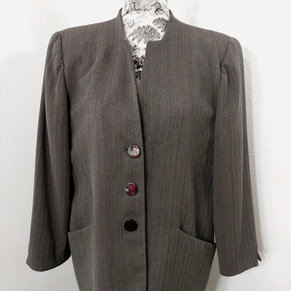 CHRISTIAN DIOR DARK BROWN HERRINGBONE WOOL w/METALLIC 2 pc SUIT WOMEN'S SIZE 14 - Image 4 of 4