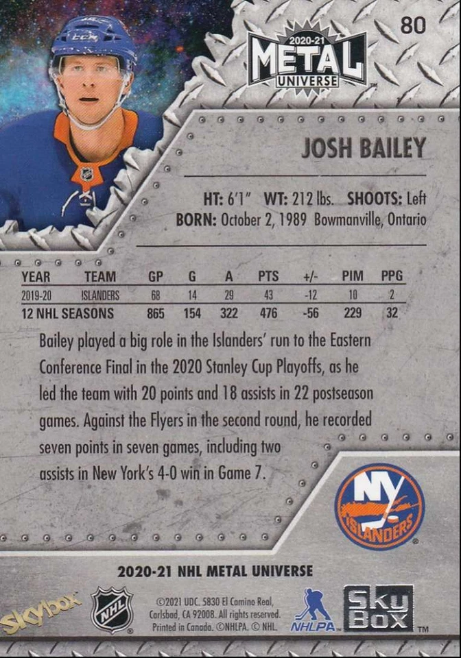 2020-21 Skybox Metal Universe Hockey Josh Bailey New York Islanders #80 - Image 2 of 2