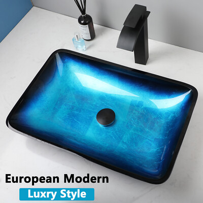 Rectangle Blue Bathroom Glass Vessel Sink Basin Waterfall Mixer Tap Drain Unit