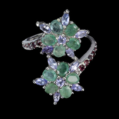 925 Sterling Silver Ring Oval Emerald Rhodolite Tanzanite Natural Gemstone Jewel