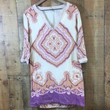 J Crew Dress Womens 4 Cream Orchid Geometric Bazaar Tunic Linen 3/4 Sleeve