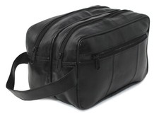RAS Large Black Genuine Leather Wash Shower Cosmetic Shaving Toiltery Bag 3520