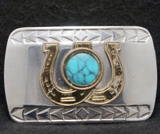 WL01109 VINTAGE 1970s TWO HORSESHOES WESTERN ANIMAL TURQUOISE BELT BUCKLE