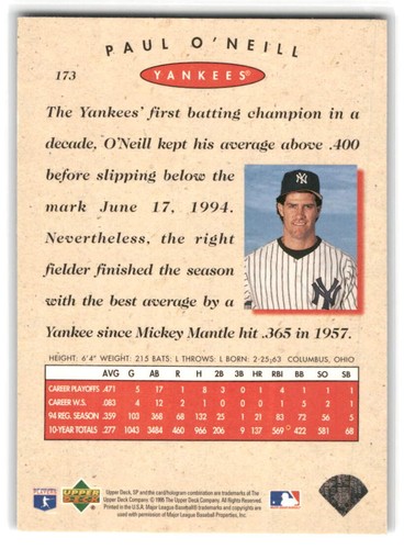 Paul O'Neill 1995 SP Championship Baseball #173 New York Yankees - Bild 2 von 2
