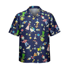 Alien Space Cartoon Print Hawaiian Shirt Men Short Sleeve Button Up