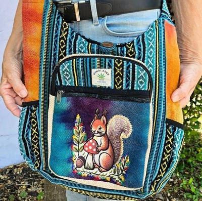RISING INTERNATIONAL NEPAL HOBO BAG Cotton & Hemp SQUIRREL & MUSHROOM Pockets