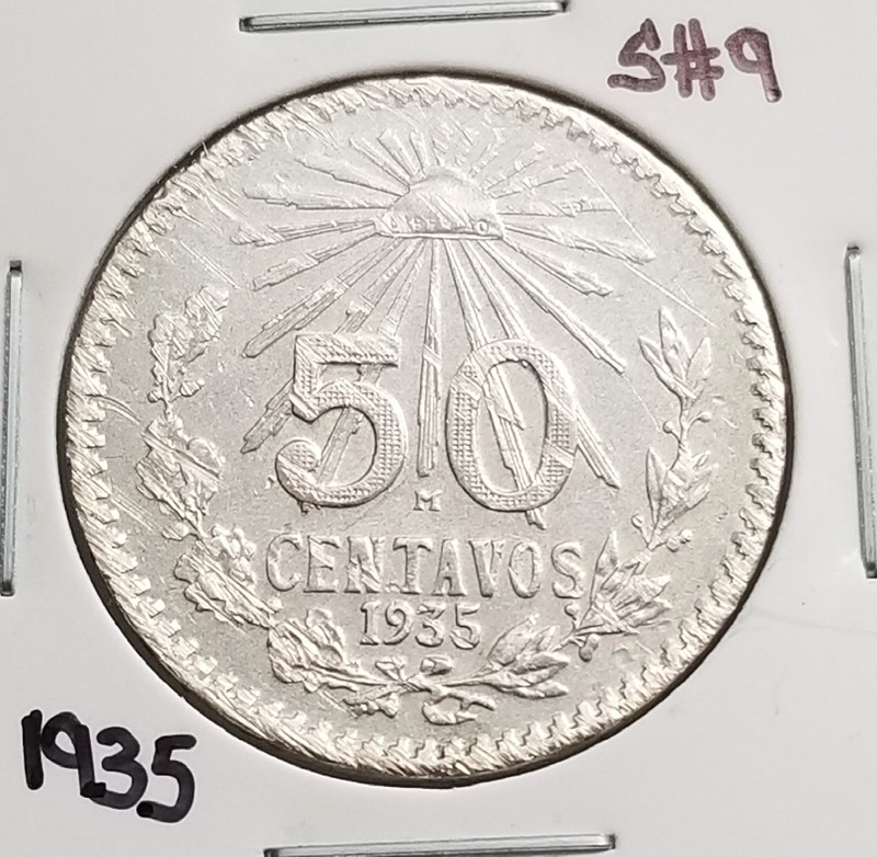 Mexico 50 Cents 1935 .400 Coin Silver Delaminated, Key-Date, Plata .400. Escasa.