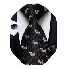 Mens Festival Christmas Tie and Pocket Square Set with Funny Xmas Black Dogs