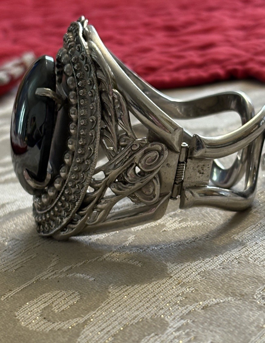 Hematite Statement Bracelet Hinged Cuff Vintage W… - image 2