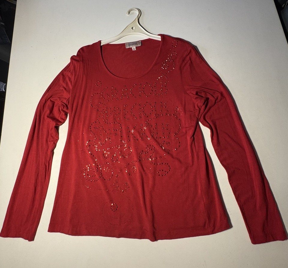 China Doll Red Rhinestone graphics , Scoop Neck Long Sleeve T-Shirt XL #CD2957#A