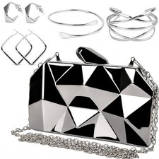 Silver Clutch Women Evening Purse - Small Metallic Dressy Wedding A-black