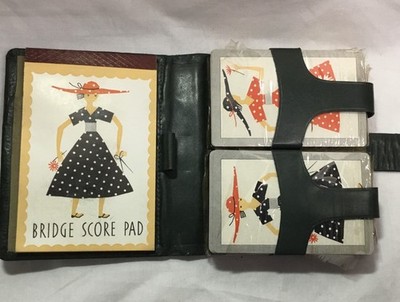 Vintage, unused Bridge card caddy, 2 decks, scorepad, faux leather, snap closure
