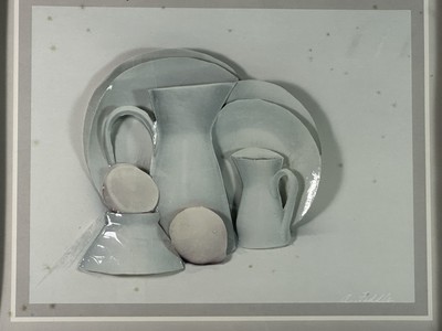 A. Fiddle Pottery Stilllife Original Signed 1980 s 3D Art Print Collage Framed