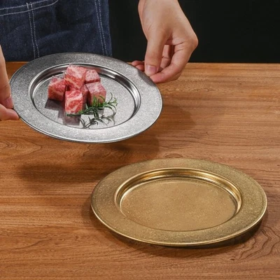 Retro Vintage Stainless Steel Wide Rim Round Plate for Salad Presentation - Image 1 of 4