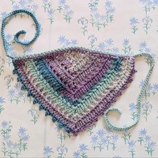 Handmade Crochet Bandana Hair Scarf NEW Purple Stripe Blue Gray Boho Cotton
