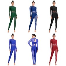 Women Jumpsuit Competition Dancewear Sheer Bodysuit Patchwork Rhinestone Mesh