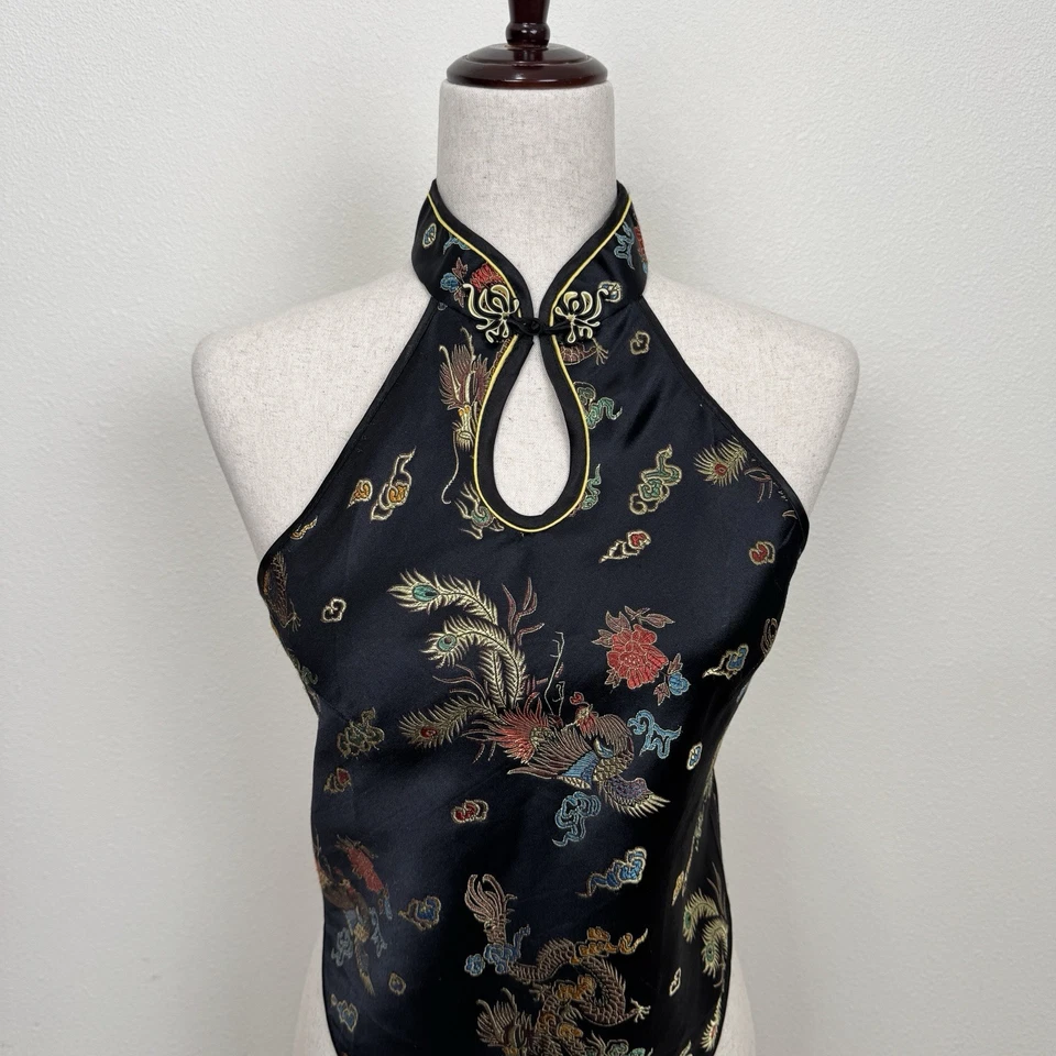 Top halter floral asiático años 90 Y2K para mujer XS* negro sedoso satinado sin espalda festival Foto 2 de 4