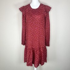 Ann Taylor Red Floral Long Sleeve CottageCore Ruffle Trim Shift Dress TALL