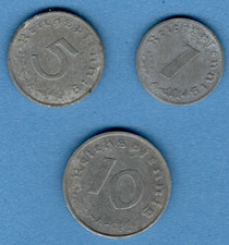 1942 Germany Third Reich. Set 3 zinc coins: 1, 5, 10 Reichspfennig SWASTIKA 540