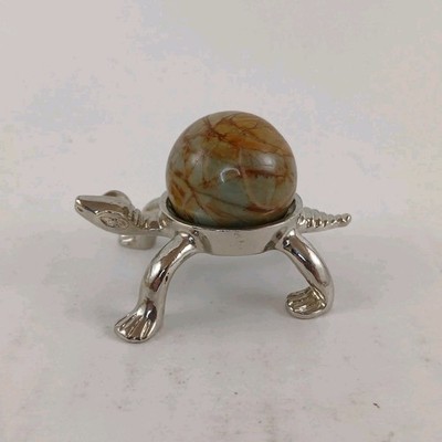 Crystal Sphere With Silver Tortoise Stand Turtle Green Brown Small 