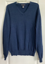 Brooks Brothers Mens V-Neck Sweater Large Merino Wool Stretch Navy Blue Pullover