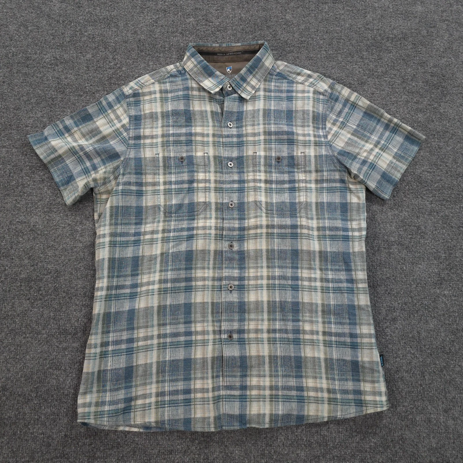 Kuhl Shirt Mens Medium Blue Plaid Skorpio Linen Blend Performance Hike Outdoors