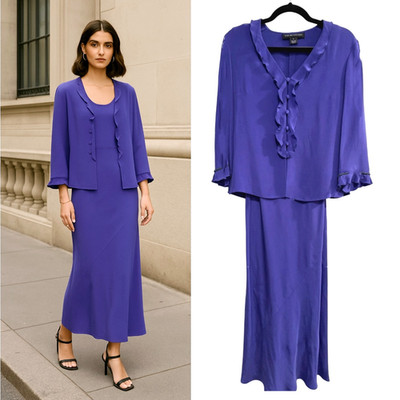 Silk Beaded 2-Piece Set Ruffle Jacket Maxi Slip Dress Jones New York Purple SZ 8